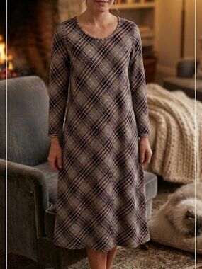 Women's Night Gown Small J Jill Sleep Ultrasoft Cuffed-Sleeve Plaid Cotton Modal